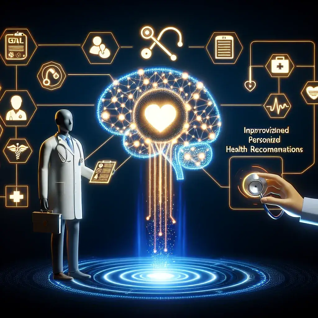 "Gráfico que ilustra cómo la inteligencia artificial está transformando las recomendaciones de salud personalizadas, con ejemplos de aplicaciones y tecnologías innovadoras en el sector salud."